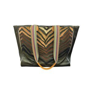 Consuela Green Multi Chevron Tote Bag With Rainbow Straps & Leather Handles